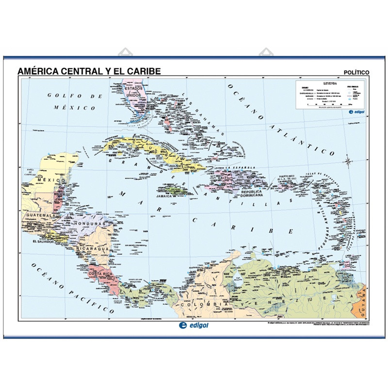 Carte murale de l'Amérique centrale et des Caraïbes - Physique / Politique