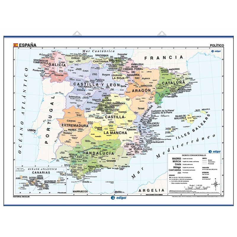 Carte murale de l'Espagne - Physique / Politique