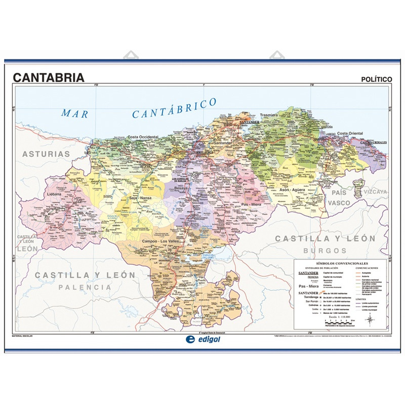 Mapa mural de Cantabria - Físico / Político