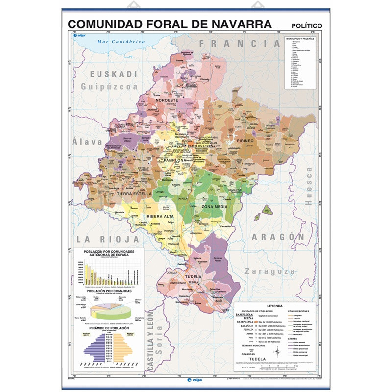 Mapa mural de la Comunidad Foral de Navarra - Físico / Político