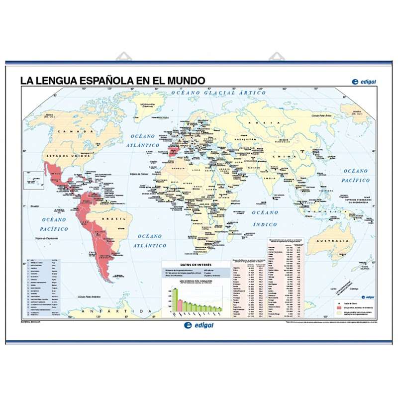 Mapa mural de La Lengua Española en el mundo / Mapamundi Físico