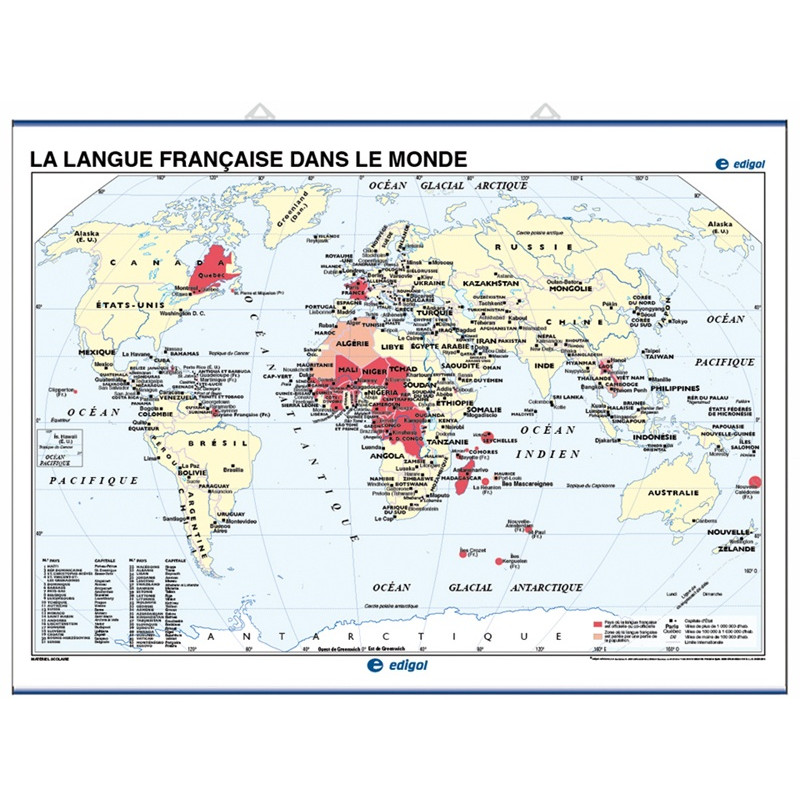 Mapa mural de la Lengua francesa en el mundo  / Mapamundi Físico