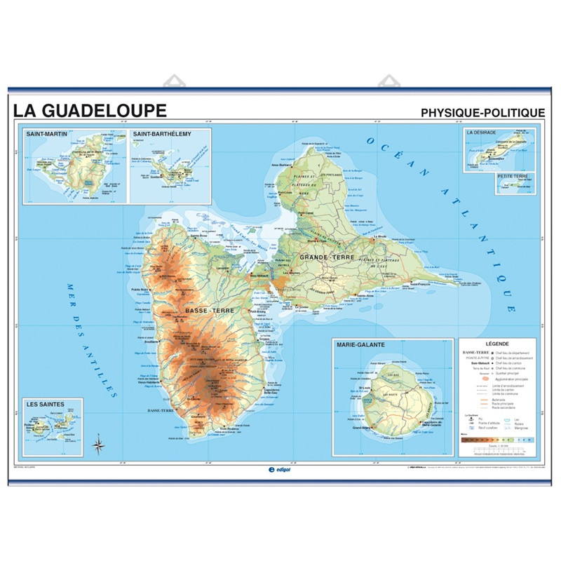 Mapa mural de Guadalupe, Físico-Político / América Central y el Caribe