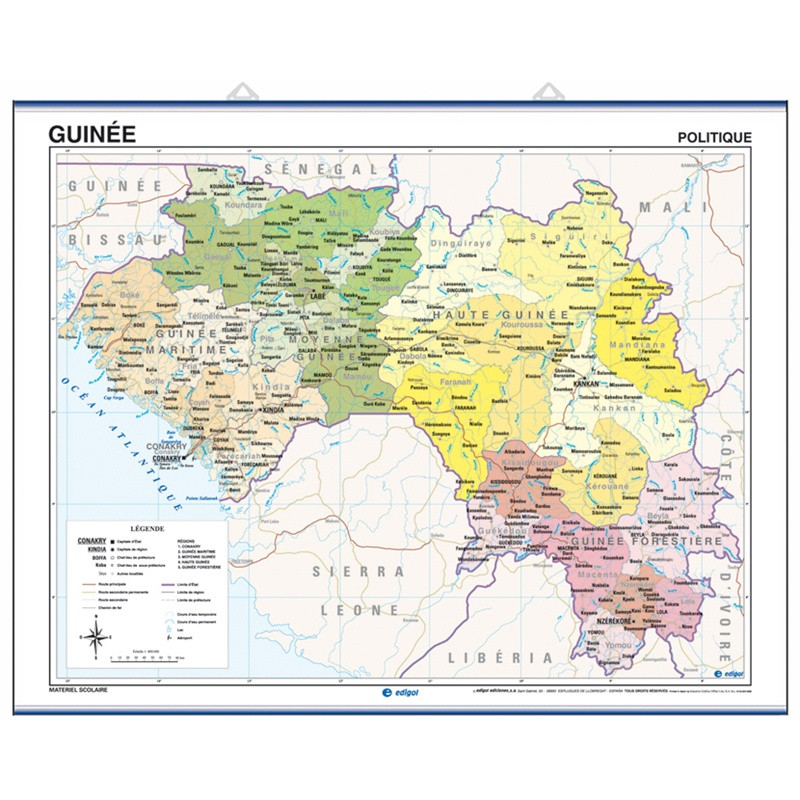 Carte murale de la Guinée - Physique / Politique