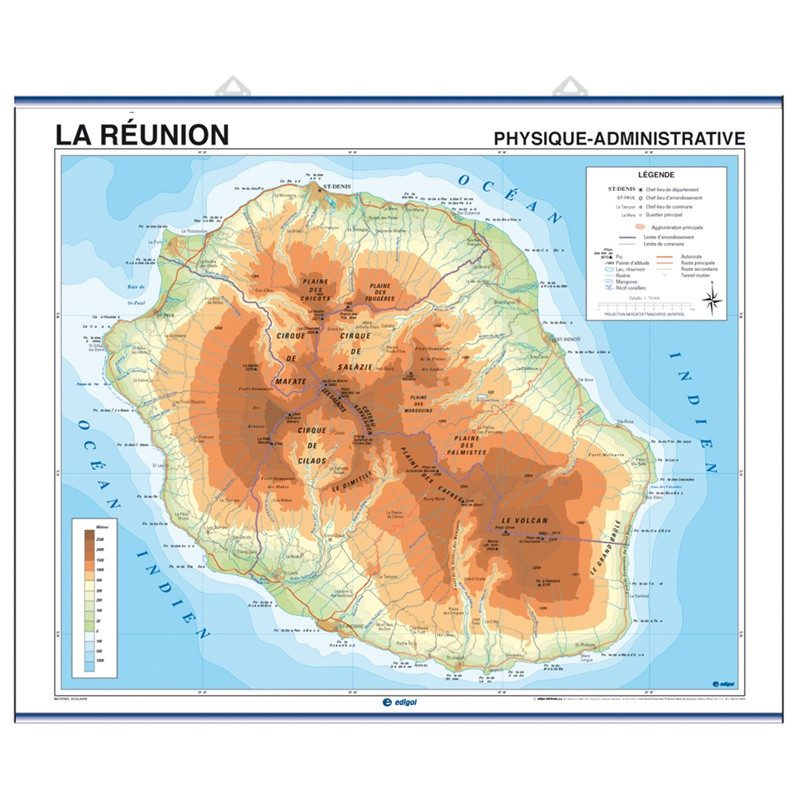 Carte murale de la Réunion, Physique-Politique / L'Ócean Indien