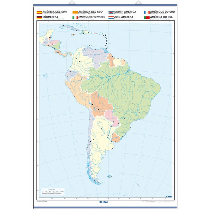 Mapa mural mudo de América del Sur, Físico / Político